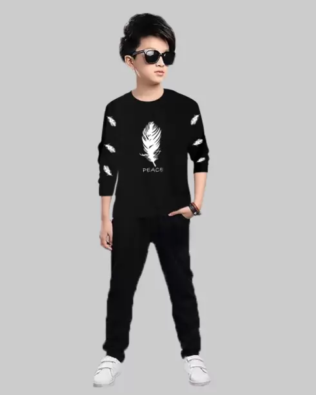 Boys Casual T-shirt Track Pants  (Black)
