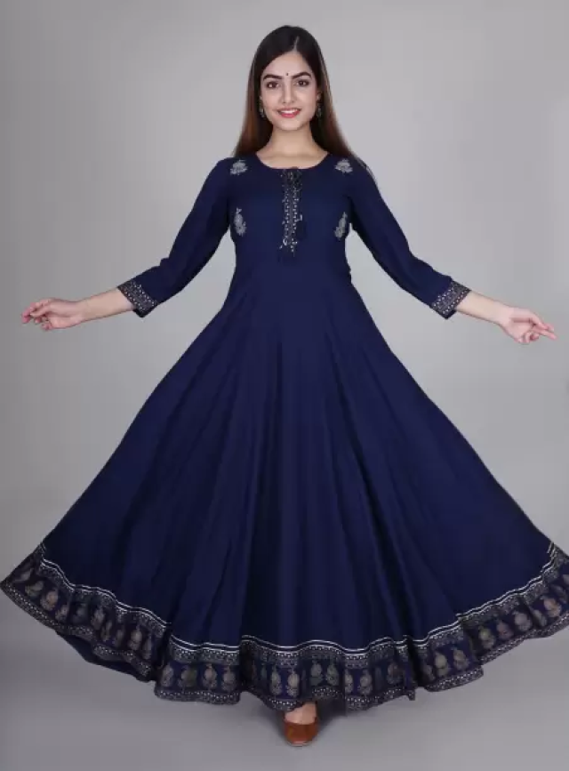 Women Solid, Embellished Viscose Rayon Gown Kurta  (Dark Blue)