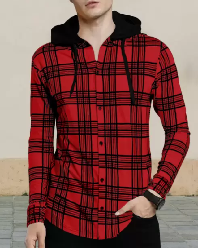 Men Checkered Hooded Neck Cotton Blend Red T-Shirt